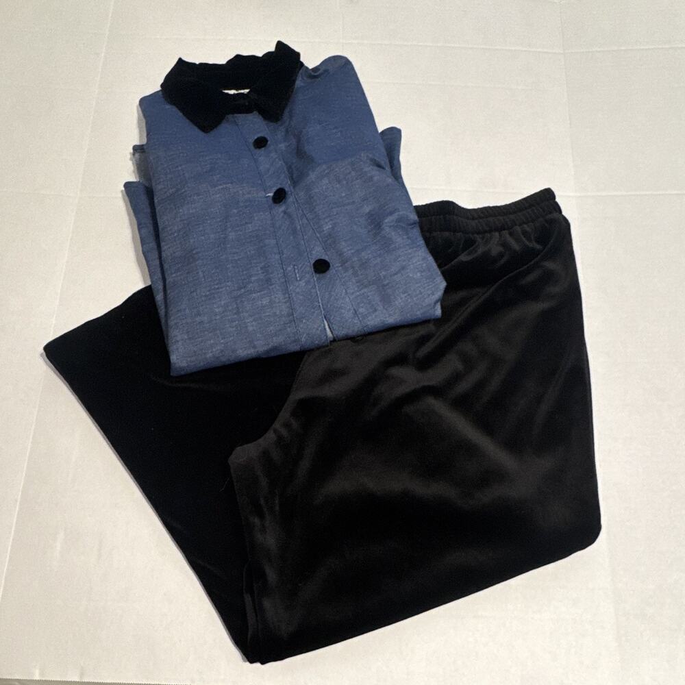 Vintage Y2K Cactus Flower 2pc Set Blue Button-Up Shirt & Black Velvet Pants